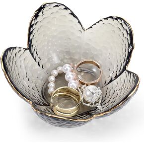 Flower Ring Dish Jewelry Tray Crystal Black Glass Jewelry Dish Tray Aesthetic Room Decor Trinket Plate Nightstand Bathroom Jewlery Ring Holder Dish for Rings Earrings Daughter Wife Mother Gift