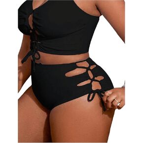 Floerns Women's Plus Size Lace Up Cut Out Swim Shorts High Waist Swimsuit Bottom