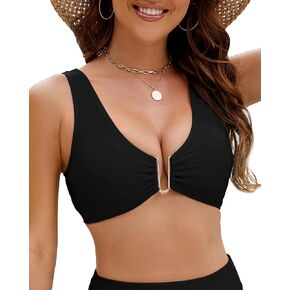 Push Up Bikini Top for Women U Wired Wide Straps Swimsuit Tops Scoop Neck Padded Lace Up Back Bathing Suit Top Only
