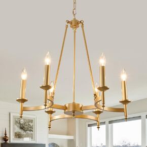 24" Modern Gold Chandelier 6-Light Industrial Candle Chandeliers for Dining Room Lighting Fixtures Hanging Adjustable Metal Pendant Light for Living Room Bedroom Kitchen Foyer Hallway E12