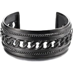 COOLSTEELANDBEYOND Masculine Wide Steel Black Cuff Bangle Bracelet for Men Women with Curb Chain Ornament