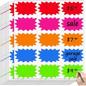 300 Pcs Removable Garage Sale Stickers, Burst Star Adhesive Yard Sale Price Stickers with Space to Write Pricing (2"x3"), Price Tag Rummage Sale Labels for Retail and Market