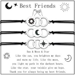 QianSiLi Best Friend Bracelet Friendship Bracelets for 3 Sun Moon Star Trio Bracelets Friendship Bestie Best Friend Birthday Gifts for Women Friends Bff