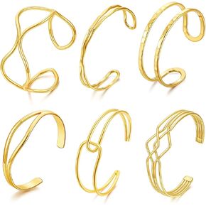 كولويان 6pcs أساور الكفة الذهبية أساور الكفة للنساء 14k مطلي بالذهب ملتوية سلك الكفة الصليب البسيط متعدد الطبق