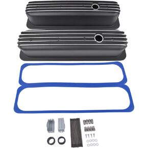 Tall Finned Aluminum Valve Covers Black Replacement for Chevy Small Block 305 350 6186BK