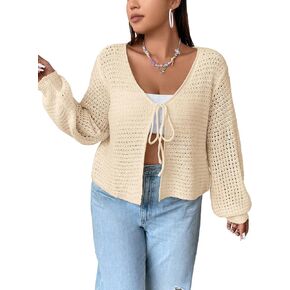 نساء زائد الحجم كارديجان بوتيك الصيف أعلى جوفاء Out Open Sweater Sweater Tie Tie Tie Tie -Front Shrug ، اذهب مع Tank Top