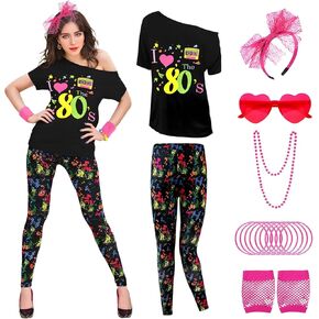 80s Outfit for Women T-Shirt Print Leggings with Accessories 80s Costumes Set for Cosplay Theme Party