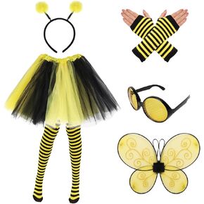 6pcs إكسسوارات أزياء النحل مجموعة أزياء النحل مجموعة Tutus Skirt Wings Geadband Classes Scriped Scribed Long for Women Cosplay Party