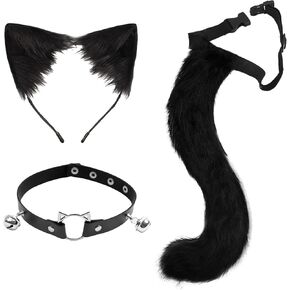 Furry Animal Cat Fox Tail Faux Fur Wolf Ear Headband Leather Neck Chocker Costume Set for Party Halloween Cosplay