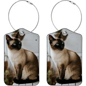 2 Pcs Luggage Tags, Siamese Cat Prints PU Leather Luggage Tag with Privacy Flap Name ID Label for Suitcase Travel Bag Backpack