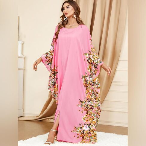 One Size Moroccan Kaftan Dress Floral Batwing Dubai Muslim Robe Islamic Wedding Clothes Pakistani Eid Ramadan Caftan in Saudi Arabia