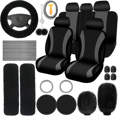 43 Pcs Car Seat Cover Full Set Fuzzy Car Accessories for Women, Car Front Rear Cover Fluffy Steering Wheel Cover Car Belt Handbrake Shift Cover Car Air Conditioner Strip (Wine Red, Gray, Black) in Saudi Arabia