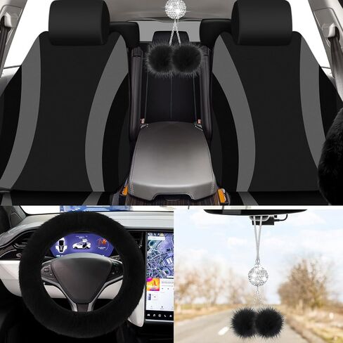 43 Pcs Car Seat Cover Full Set Fuzzy Car Accessories for Women, Car Front Rear Cover Fluffy Steering Wheel Cover Car Belt Handbrake Shift Cover Car Air Conditioner Strip (Wine Red, Gray, Black) in Saudi Arabia