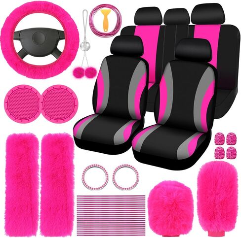 43 Pcs Car Seat Cover Full Set Fuzzy Car Accessories for Women, Car Front Rear Cover Fluffy Steering Wheel Cover Car Belt Handbrake Shift Cover Car Air Conditioner Strip (Wine Red, Gray, Black) in Saudi Arabia