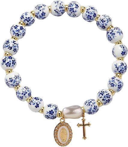 Atiptu Beads Bow Bracelet for Women Vintage Flower Bracelets Blue Ceramic Stretch Bracelets Gold Cross Beaded Bracelet Romantic Jewelry in Saudi Arabia