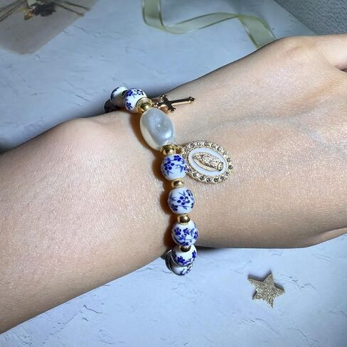 Atiptu Beads Bow Bracelet for Women Vintage Flower Bracelets Blue Ceramic Stretch Bracelets Gold Cross Beaded Bracelet Romantic Jewelry in Saudi Arabia