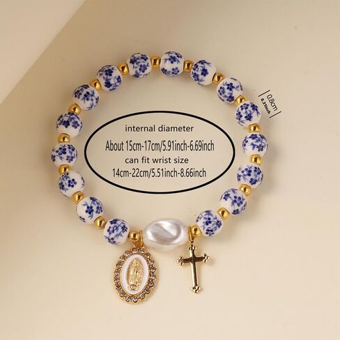 Atiptu Beads Bow Bracelet for Women Vintage Flower Bracelets Blue Ceramic Stretch Bracelets Gold Cross Beaded Bracelet Romantic Jewelry in Saudi Arabia