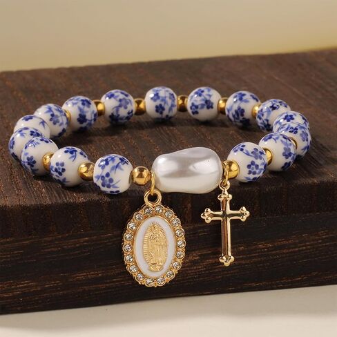 Atiptu Beads Bow Bracelet for Women Vintage Flower Bracelets Blue Ceramic Stretch Bracelets Gold Cross Beaded Bracelet Romantic Jewelry in Saudi Arabia
