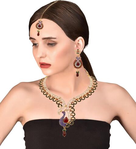 Touchstone Indian Bollywood Traditional Craftsmanship Mughal Designer Jewelry Wedding Necklace Set in Antique Gold Or White Tone for Women. in Saudi Arabia