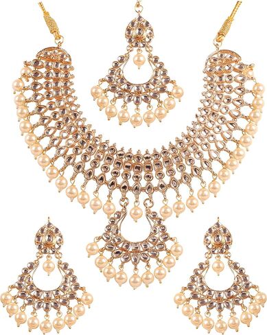 Touchstone Indian Bollywood Traditional Craftsmanship Mughal Designer Jewelry Wedding Necklace Set in Antique Gold Or White Tone for Women. in Saudi Arabia