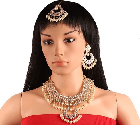 Touchstone Indian Bollywood Traditional Craftsmanship Mughal Designer Jewelry Wedding Necklace Set in Antique Gold Or White Tone for Women. in Saudi Arabia