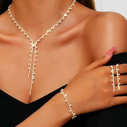 UniCra Silver Bridal Wedding Jewelry Set Rhinestone Necklace Oprings مجموعات سوار Prom مجموعات المجوهرات الرسمية للنساء والعرائس in Kuwait