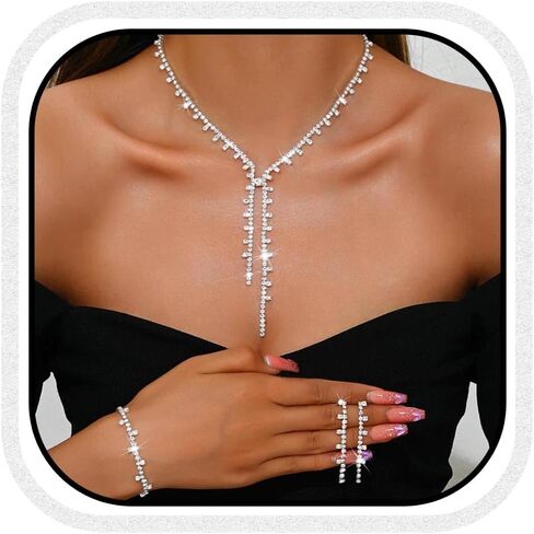 UniCra Silver Bridal Wedding Jewelry Set Rhinestone Necklace Oprings مجموعات سوار Prom مجموعات المجوهرات الرسمية للنساء والعرائس in Kuwait