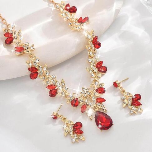 Unicra Rhinestone Bridal Wedding Jewelry Sets Gold Necklace Earrings Set Leaf Prom Formal Costume Jewelry Set for Women and Brides in Saudi Arabia