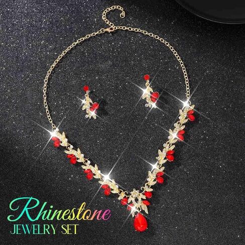 Unicra Rhinestone Bridal Wedding Jewelry Sets Gold Necklace Earrings Set Leaf Prom Formal Costume Jewelry Set for Women and Brides in Saudi Arabia
