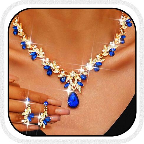 Unicra Rhinestone Bridal Wedding Jewelry Sets Gold Necklace Earrings Set Leaf Prom Formal Costume Jewelry Set for Women and Brides in Saudi Arabia