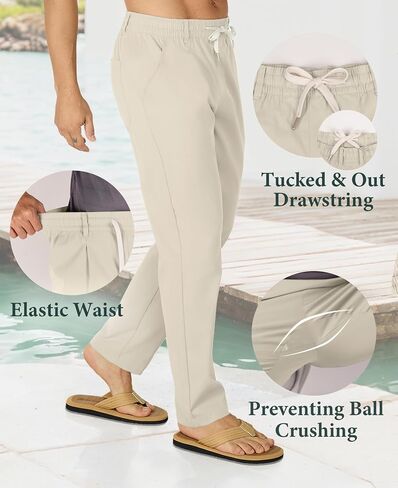 Susclude Mens Casual Pants Elastic Waist Pleated Lightweight Beach Multi Pants for Men Summer Drawstring Trousers in Kuwait