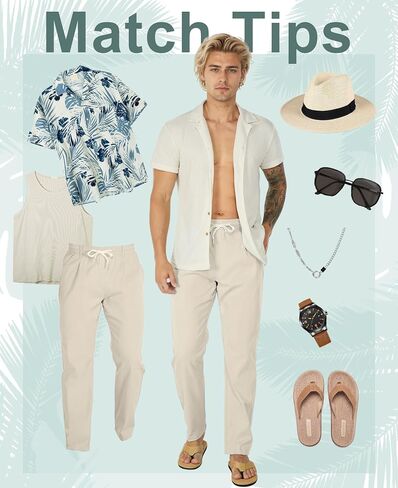Susclude Mens Casual Pants Elastic Waist Pleated Lightweight Beach Multi Pants for Men Summer Drawstring Trousers in Kuwait