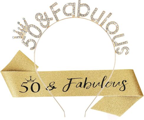 CIEHER 50th Birthday Crown & Sash, Gold Tiara & Sash Set for Women, 50th Birthday Decorations & Gifts in Saudi Arabia