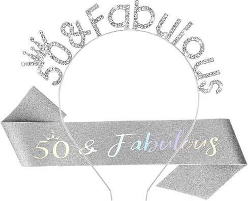 Cieher 50th Birthday Crown & Sash ، Gold Tiara & Sash مجموعة للنساء ، زخارف عيد الميلاد الخمسين والهدايا in Saudi Arabia