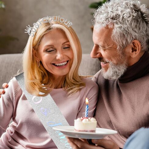 Cieher 50th Birthday Crown & Sash ، Gold Tiara & Sash مجموعة للنساء ، زخارف عيد الميلاد الخمسين والهدايا in Saudi Arabia