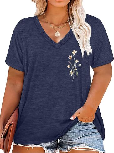 Plus Size T Shirt for Women Graphic Tees Short Sleeve Floral Print Loose Fit Summer Casual Tops 1XL-5XL in Saudi Arabia