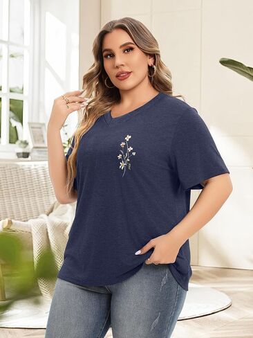 Plus Size T Shirt for Women Graphic Tees Short Sleeve Floral Print Loose Fit Summer Casual Tops 1XL-5XL in Saudi Arabia