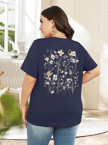 Plus Size T Shirt for Women Graphic Tees Short Sleeve Floral Print Loose Fit Summer Casual Tops 1XL-5XL in Saudi Arabia