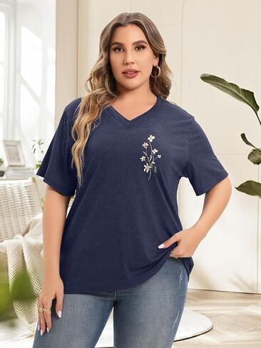 Plus Size T Shirt for Women Graphic Tees Short Sleeve Floral Print Loose Fit Summer Casual Tops 1XL-5XL in Saudi Arabia