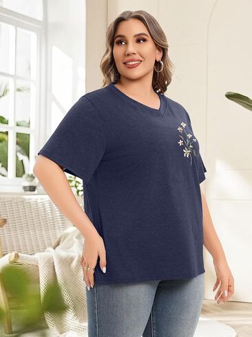Plus Size T Shirt for Women Graphic Tees Short Sleeve Floral Print Loose Fit Summer Casual Tops 1XL-5XL in Saudi Arabia