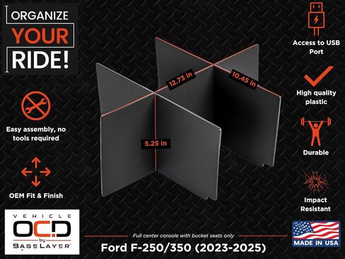 Vehicle OCD - Center Console Organizer for Ford F250 / F350 SuperDuty (2011-2016) (full console w/bucket seats ONLY) - Made in USA in Saudi Arabia