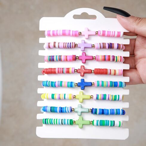 Heishi Surfer Bracelets Set for Women Girls Bohemian Rainbow Stackable Clay Beaded Bracelets Christian Cross Gifts Disc Stretch Preppy Layering Colorful Friendship Summer Beach Bracelets in Kuwait