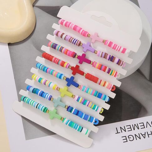 Heishi Surfer Bracelets Set for Women Girls Bohemian Rainbow Stackable Clay Beaded Bracelets Christian Cross Gifts Disc Stretch Preppy Layering Colorful Friendship Summer Beach Bracelets in Kuwait