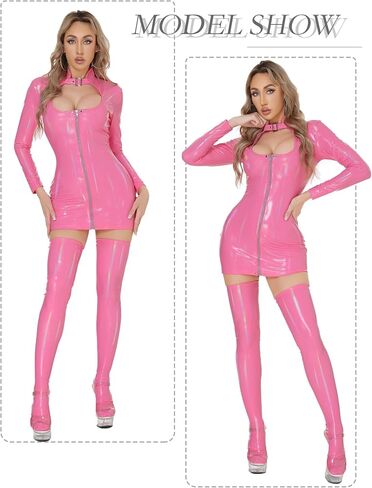 AUBIG Women Mini Nightclub Dress Long Sleeve Front Zipper Shiny Wet Look Lingerie Costume Faux Leather Bodysuit in Kuwait