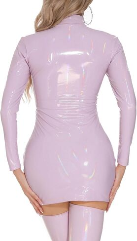 AUBIG Women Mini Nightclub Dress Long Sleeve Front Zipper Shiny Wet Look Lingerie Costume Faux Leather Bodysuit in Kuwait