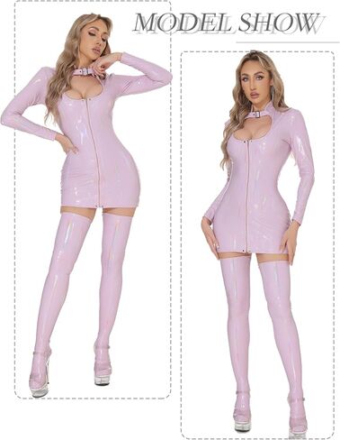 AUBIG Women Mini Nightclub Dress Long Sleeve Front Zipper Shiny Wet Look Lingerie Costume Faux Leather Bodysuit in Kuwait
