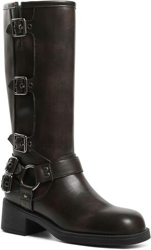 Knee High Boots Women Moto Biker Buckle Tall Boots | Square Toe Pull On Riding Long Boots Chunky Low Heel Casual Vintage Rivet Club Trendy Motorcycle Festival Spring Summer Fall in Saudi Arabia
