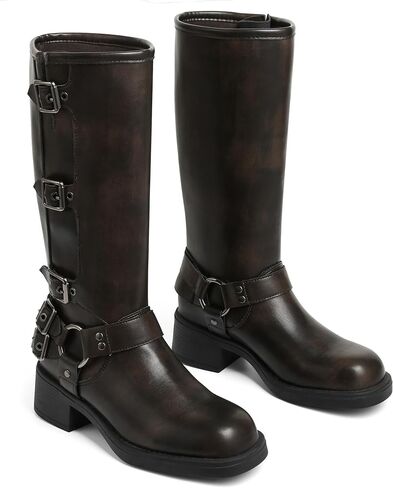 Knee High Boots Women Moto Biker Buckle Tall Boots | Square Toe Pull On Riding Long Boots Chunky Low Heel Casual Vintage Rivet Club Trendy Motorcycle Festival Spring Summer Fall in Saudi Arabia