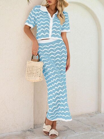 Saodimallsu Women Striped Beach Cover Up Set Button Short Sleeve Collared Crop Top Maxi Skirt Crochet 2 Piece Outfits in Saudi Arabia