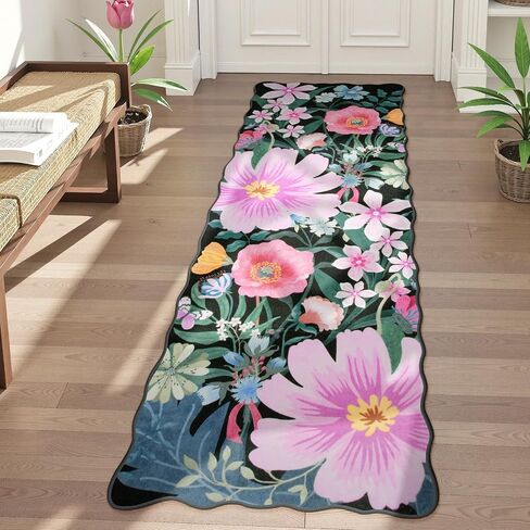 Wonnitar Washable Black 2x6 Runner Rug for Hallways, Floral Bathroom Runner Non Slip, Low Pile Soft Scalloped Botanical Runner Rug for Kitchen Laundry Room Bedside (Black, 2'x6') in Saudi Arabia